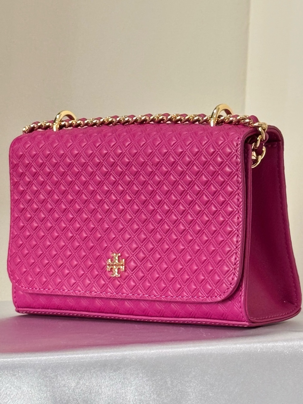 Tory Burch Marion Embossed Shrunken Shoulder Bag – Party Fuchsia